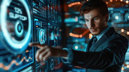 Poster - A businessman in a suit confidently engaging with a futuristic interface, highlighting online business statistics and holographic charts.