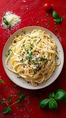 Wall Mural - Alfredo pasta dinner with creamy white sauce and herbs