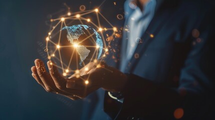 Poster - A businessman's hand tapping a digital hologram of global connections.