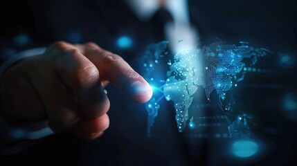 Poster - A businessman's hand tapping a digital hologram of global connections.