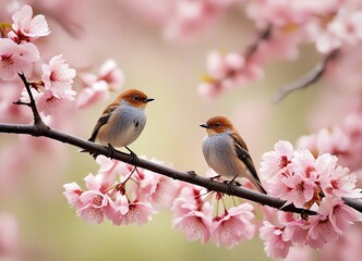 Wall Mural - An image of two small birds perched on branches of a cherry blossom tree in spring