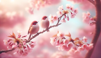 Wall Mural - An image of two small birds perched on branches of a cherry blossom tree