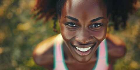 A happy woman smiling directly at the lens