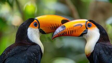 Wall Mural - Two Toucans with their beaks touching.