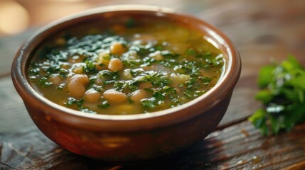 Wall Mural - A warm bowl of soup sits atop a rustic wooden table, perfect for a cozy meal or snack