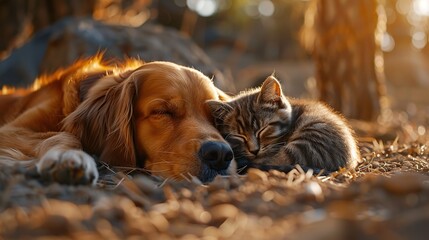 Canvas Print - Golden Retriever and Kitten Napping in the Sunlight