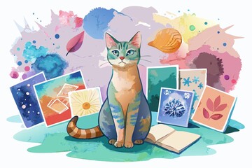 Wall Mural - Delicate watercolor artwork of cat sitting on white surface, surrounded by collection of similar artworks, painted in soft colors, isolated on clean white background