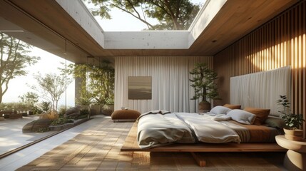 Poster - A modern bedroom with a skylight and a view of a lush garden. Sunlight streams through the large windows and the skylight, illuminating the minimalist decor.