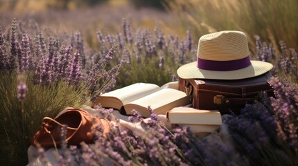 Poster - A book, an open hat and wicker picnic basket in the middle of lavender fields 