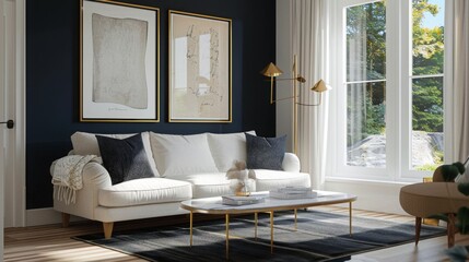 Poster - A white sofa by a large window is accentuated by black pillows and a white blanket. A coffee table with gold legs complements the decor. Navy walls display artwork.