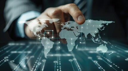 Poster - Businessman's hand interacting with a digital world map on a virtual interface.