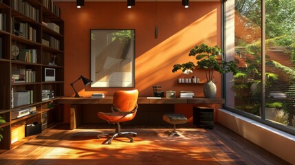Poster - A modern home office with a large window overlooking a garden. The office features a large desk with a comfortable office chair, a bookshelf filled with books, and natural light streaming in.