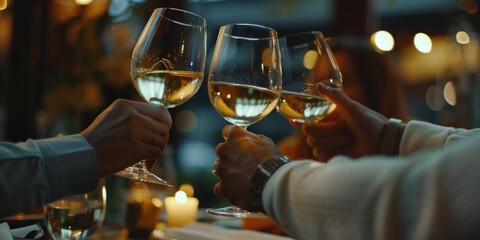 Wall Mural - Group of friends enjoying wine and socializing at a table