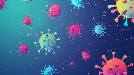 Fototapete - A colorful illustration of virus particles floating against a blue background.