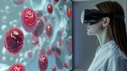 Leinwandbilder - A woman wearing a VR headset looks at a screen displaying a virtual image of cells.