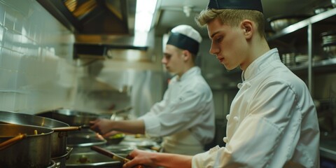 Two people preparing food together in a modern kitchen setting