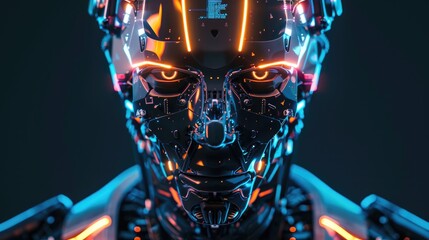 Poster - Close-up portrait of an intimidating futuristic robot with sharp, angular designs and a glowing digital display for a face.