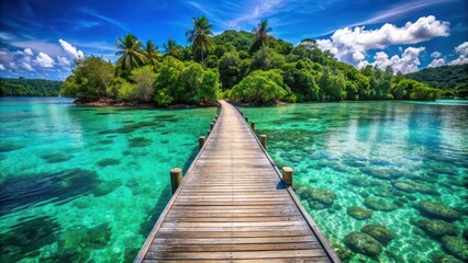 Wall Mural - Wooden pier stretching out into crystal clear turquoise waters surrounded by lush tropical greenery , tropical, paradise, pier