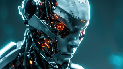 Poster - Close-up portrait of an intimidating futuristic robot with sharp, angular designs and a glowing digital display for a face.