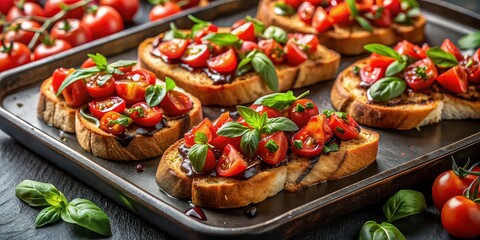 Canvas Print - Tray of bruschetta with diced tomatoes, basil, and balsamic glaze , appetizer, Italian, food, snack, cuisine, delicious