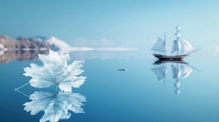 Wall Mural - On a blue background, an abstract artistic image of a ship sailing on a tranquil lake, accompanied by a white, transparent leaf floating on the mirror-like water surface.