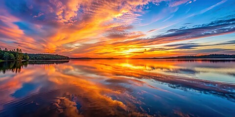Wall Mural - Vibrant sunset reflecting on calm lake surface , sunset, lake, water, reflection, vibrant, colorful, nature, dusk, evening