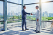 © AK Coop/peopleimages.com - Handshake, meeting and business men in office with greeting for thank you, welcome or introduction. Partnership, commercial realtor and client shaking hands for agreement, b2b deal or acquisition
