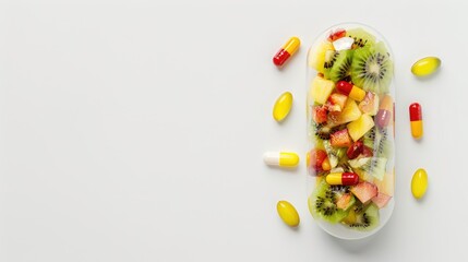 Wall Mural - Mini Medicine Capsule with Tropical Fruit Slices for Pharmaceutical Advertisement on White background