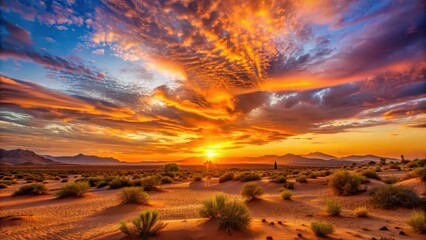 Wall Mural - Vibrant sunset casting warm glow over desert landscape, sunset, desert, sky, landscape, colorful, vibrant, warm, glow