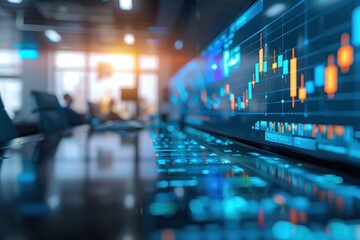 Poster - Financial stock market chart display on a digital screen in a modern office setting, showcasing market data and futuristic technology.