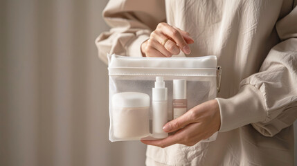 A simple cosmetic bag filled with jars of cosmetics, which woman holds in her hand. A travel set of cosmetics consisting of miniature jars, suitable for transportation in hand luggage on an airplane.