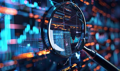 Magnifying glass over digital data visualizations and charts, symbolizing the lens of analysis in business intelligence, set against a softly blurred background in professional photography style.