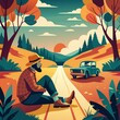 © surapong - Bohemian individual sitting on the side of country road, surrounded by trees and old car, conveying sense of rugged individualism and self-sufficiency.