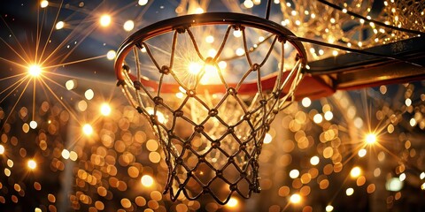 Sticker - Warm light filters through a basketball net adorned with sparkles, creating a cozy atmosphere , cozy, warm, light