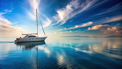 Poster - Yacht circling in calm waters, yacht, boat, circle, water, waves, luxury, travel, vacation, nautical, adventure, marine