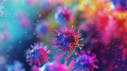 Poster - Vibrant digital virus illustration with spiky protrusions, against a colorful, blurry background of blues, pinks, yellows, and reds.