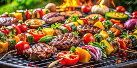 vibrant and inviting bbq gathering with a colorful array of juicy meats and fresh vegetables on the 
