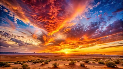 Wall Mural - Vibrant sunset sky casting warm colors over a vast desert landscape, sunset, desert, sky, colors, warm, vibrant, landscape