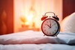 © ORG - Close-up focus on the alarm clock set for the morning on the bedside table in the bedroom.