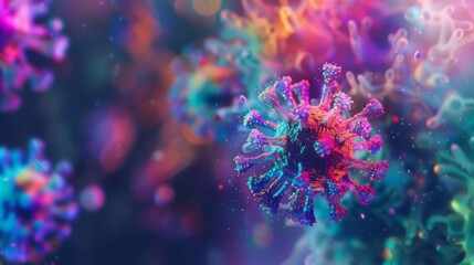 Aufkleber - A single virus particle, rendered in vibrant hues of purple, pink, and blue, floats against a blurred background of other particles.