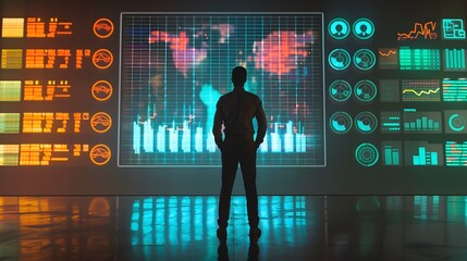 Poster - Visionary businessman standing in front of large digital screen using
Advanced AI system that balances workloads among team members which is displayed on the holographic interface.