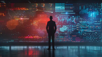 Poster - Visionary businessman standing in front of large digital screen using
Advanced AI system that balances workloads among team members which is displayed on the holographic interface.