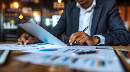 Poster - A businessman reviewing investment appraisal reports, with graphs and charts of potential investments projected in the background, in a sophisticated, professional office