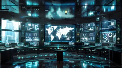 Poster - A high-tech control center with multiple screens tracking the progress of various projects in real-time