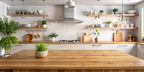 Poster - Wooden tabletop and stand for product display in a modern kitchen interior, kitchen, wooden, tabletop, stand, product display