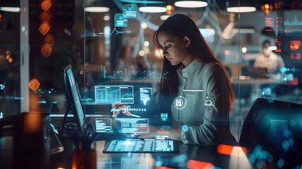 Poster - Businesswoman at desk uses smart device to arrange tasks in order of importance with visual signals The entire room was filled with computer monitors and other electronic devices.