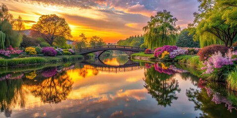 Wall Mural - Tranquil floral scenery at sunset bridge park with river reflection, creating a serene and peaceful atmosphere, sunset, bridge