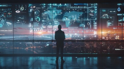 Poster - Visionary businessman stands in front of a large digital screen displaying ambitious goals and milestones.