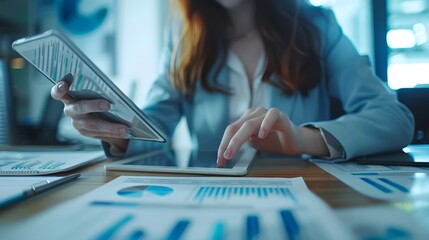 Poster - accounting financial report Business analysts use digital sheets to analyze financial reports to examine internal control systems. Businessman working with business documents at office