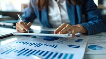 Poster - accounting financial report Business analysts use digital sheets to analyze financial reports to examine internal control systems. Businessman working with business documents at office